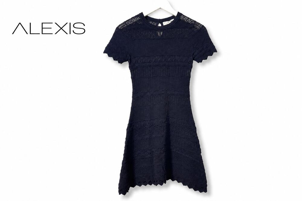 Alexis Black Knit Mini Dress Scalloped Pointelle Short Sleeve Women's XS